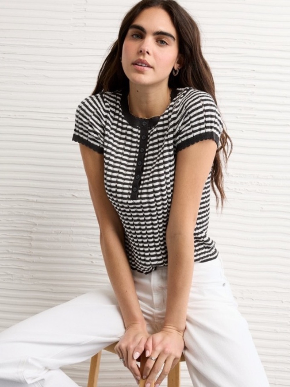 American Eagle Outfitters Black and White Striped Short Sleeve Henley New No Tag